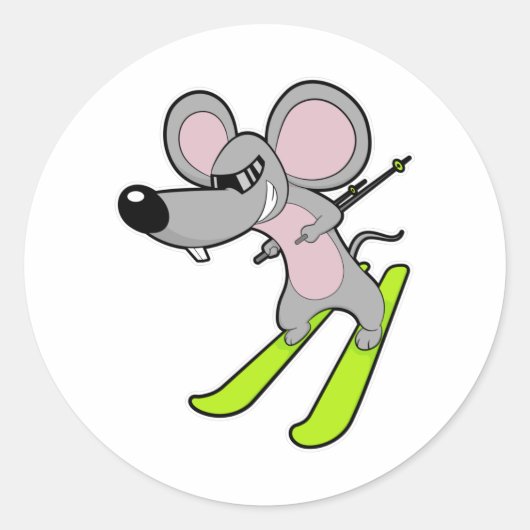 Muis als skiër met skiën ronde sticker (Voorkant)