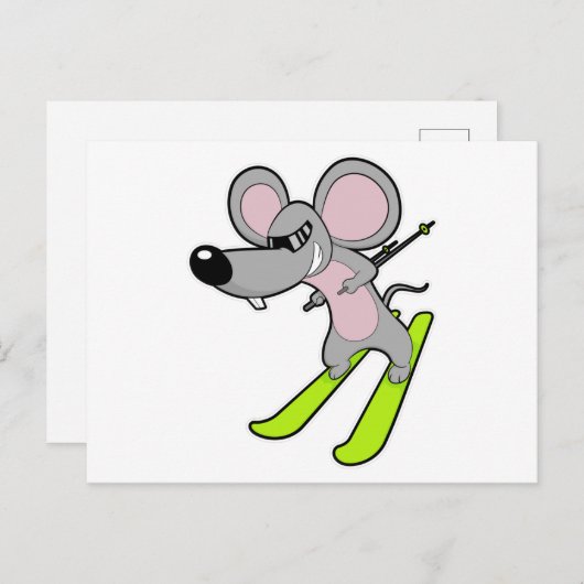 Muis als skiër met skis briefkaart (Voorkant / Achterkant)