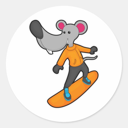 Muis als Snowboarder met Snowboard Ronde Sticker (Voorkant)