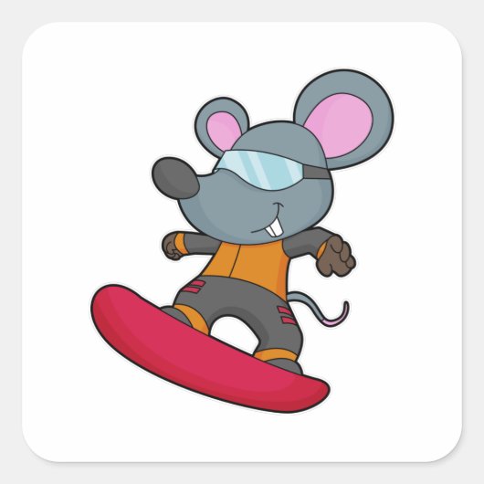 Muis als Snowboarder met Snowboard Vierkante Sticker (Voorkant)