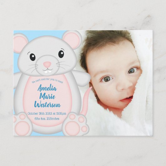 Muis Baby shower blauw Briefkaart (Voorkant)