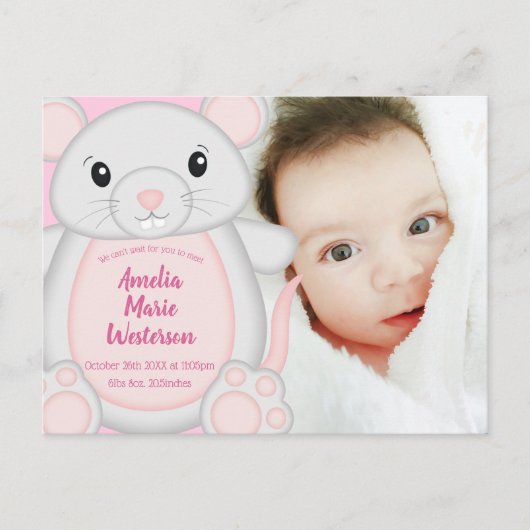 Muis Baby shower roze Briefkaart (Voorkant)