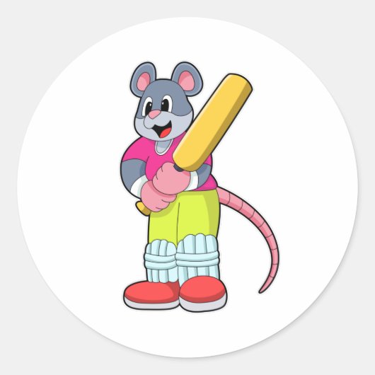 Muis bij Cricket met cricket bat Ronde Sticker (Voorkant)