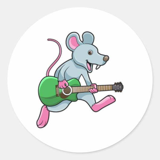 Muis bij Muziek met gitaar Ronde Sticker (Voorkant)