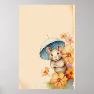 Muis blauwe paraplu bloemen oud papier poster