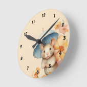 Muis blauwe paraplu bloemen oud papier ronde klok (Hoek)