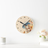 Muis blauwe paraplu bloemen oud papier ronde klok (Huis)