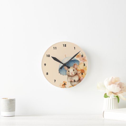 Muis blauwe paraplu bloemen oud papier ronde klok (Huis)