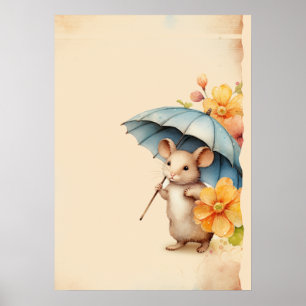 Muis blauwe paraplu oranje bloemen oud vintage pap poster