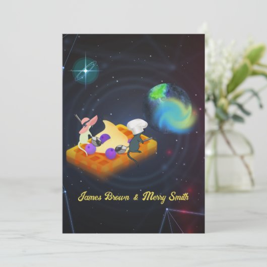 Muis Couple in Love Flying Waffle Space Wedding Kaart (Staand voorkant)