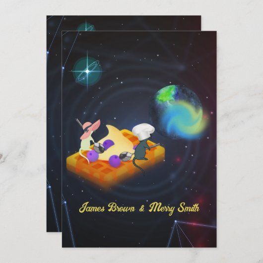 Muis Couple in Love Flying Waffle Space Wedding Kaart (Voorkant / Achterkant)
