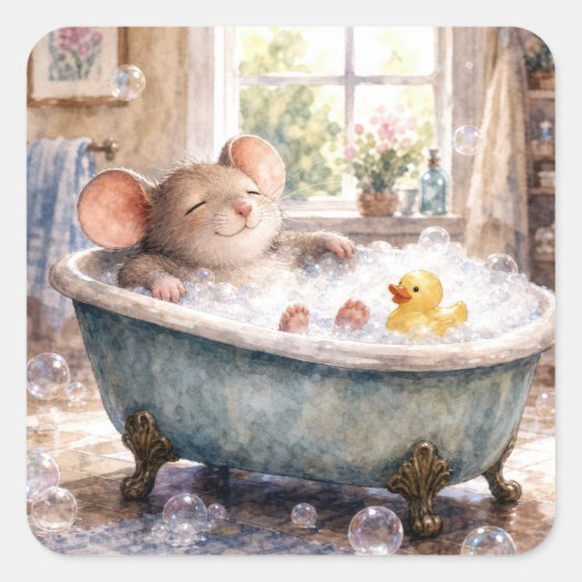 Muis die een bubbelbad neemt vierkante sticker (Voorkant)