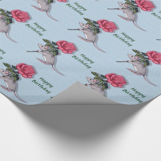 Muis die een grote roze roze houdt: Illustratie Cadeaupapier (Hoek)