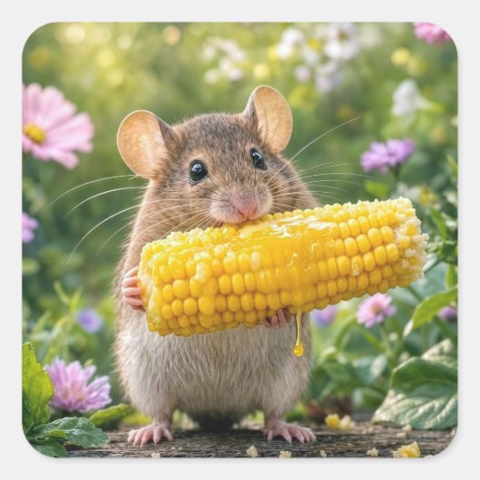 Muis die maïs eet aan de kolf vierkante sticker (Voorkant)