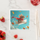 Muis die met een papieren vliegtuig vliegt servet (Insitu)