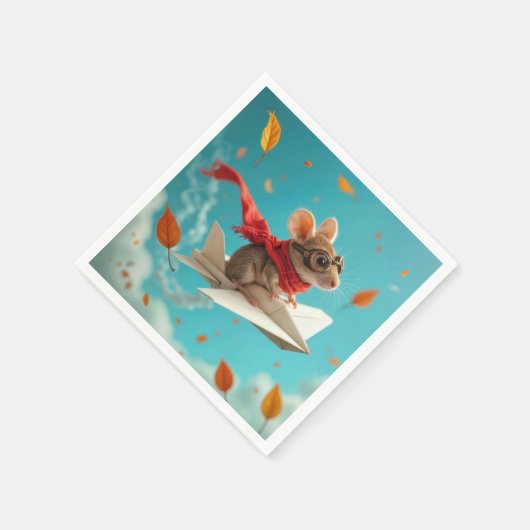 Muis die met een papieren vliegtuig vliegt servet (Hoek)