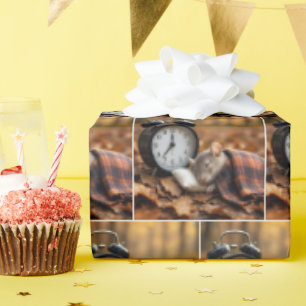 Muis die slaapt naast een wekker cadeaupapier