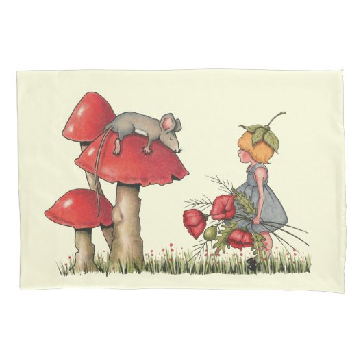 Muis die slaapt op een Toadstool, meisje met papav Kussensloop (Voorkant)