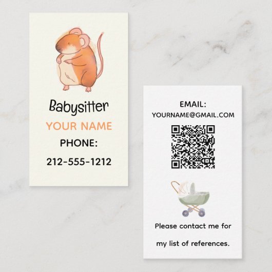 Muis Doodle Babysitter QR-code Visitekaartje (Voorkant / Achterkant)