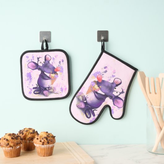 Muis Eat Ice Cream Grappig Ovenwant & Pannenlap Set (Insitu(Ophanging))