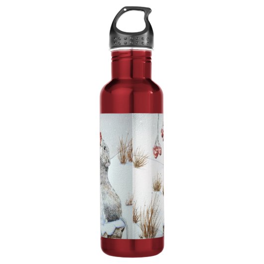 Muis en rode bessen sneeuwscène waterfles (Voorkant)