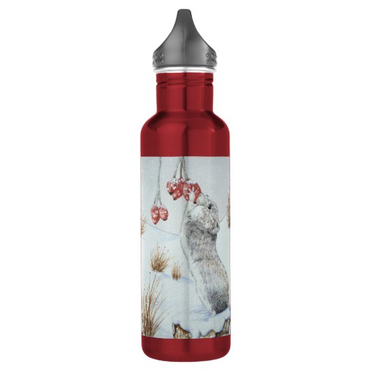 Muis en rode bessen sneeuwscène waterfles (Links)