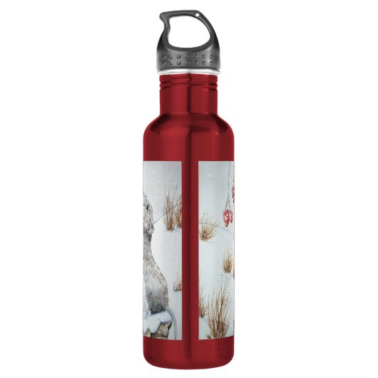 Muis en rode bessen sneeuwscène waterfles  (Achterkant)