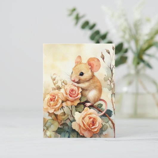 Muis en roze rozen briefkaart (Staand voorkant)