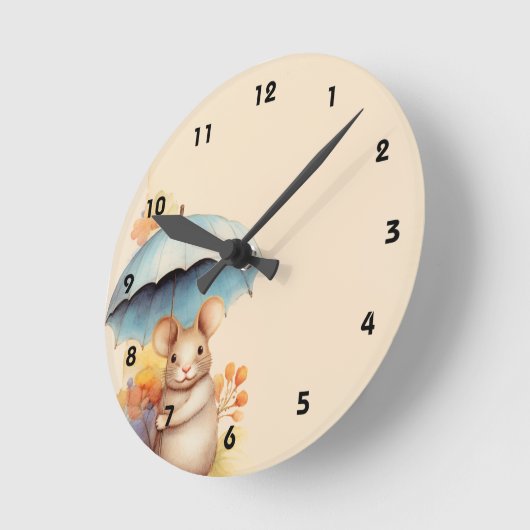 Muis gekleurd papier blauwe paraplu oranje bloemen ronde klok (Hoek)