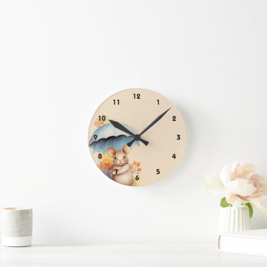 Muis gekleurd papier blauwe paraplu oranje bloemen ronde klok (Huis)