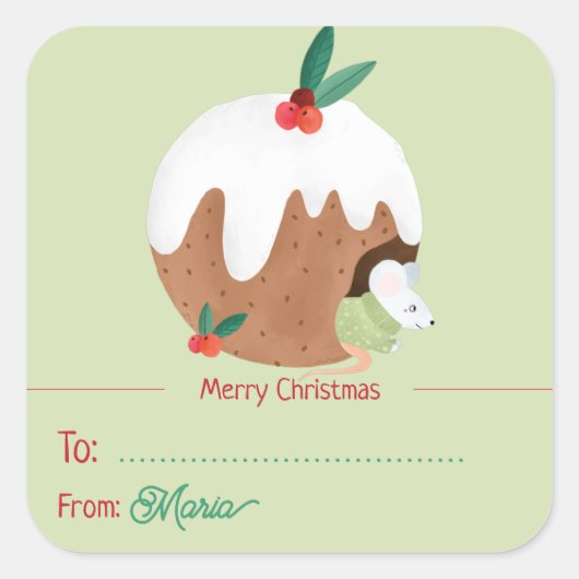 Muis genieten van kerstpudding - vierkante Sticker (Voorkant)