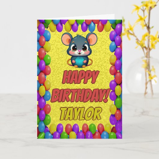 Muis Gepersonaliseerde Leuke Groet Verjaardag Kaar Kaart (Gele Bloem)