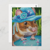 Muis in Bonnet Vond Blue Egg Waterverf Art Briefkaart (Voorkant / Achterkant)