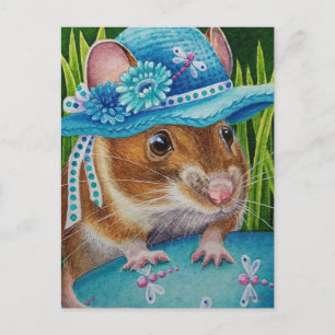 Muis in Bonnet Vond Blue Egg Waterverf Art Briefkaart