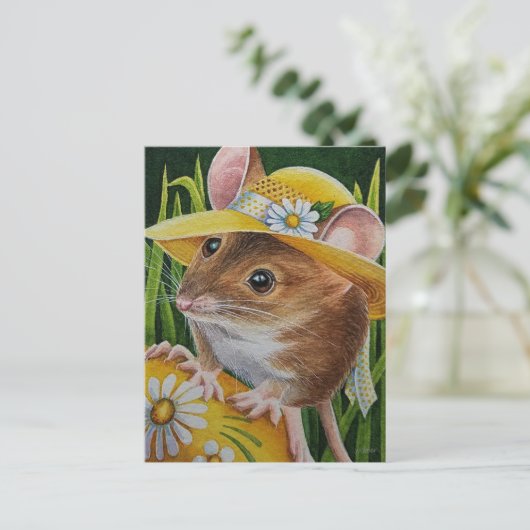 Muis in Bonnet Vond Gele Waterverf Briefkaart (Staand voorkant)