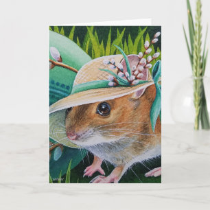 Muis in Bonnet Vond Green Egg Waterverf Art Kaart