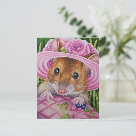 Muis in Bonnet Vond Roze Waterverf Briefkaart (Staand voorkant)
