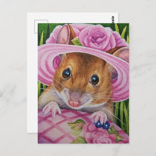 Muis in Bonnet Vond Roze Waterverf Briefkaart (Voorkant / Achterkant)