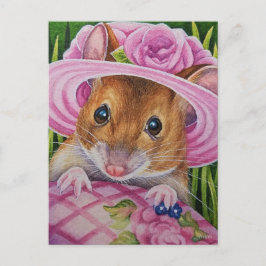 Muis in Bonnet Vond Roze Waterverf Briefkaart