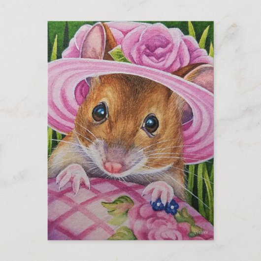 Muis in Bonnet Vond Roze Waterverf Briefkaart (Voorkant)