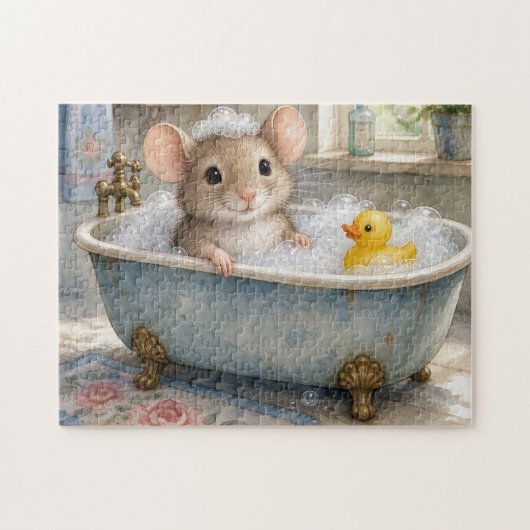 Muis in bubbelbad met gele eend legpuzzel (Horizontaal)