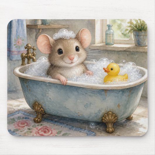 Muis in bubbelbad met gele eend muismat (Voorkant)