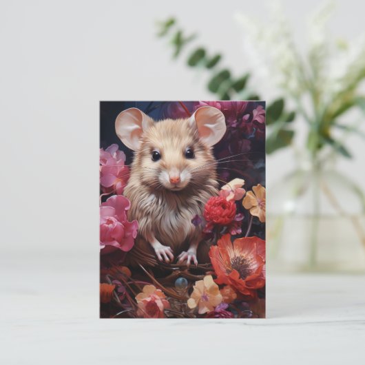 Muis in de bloemen briefkaart (Staand voorkant)