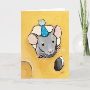 Muis in een Blauwe Feesthoed - Lege Dieren Kunstka Kaart