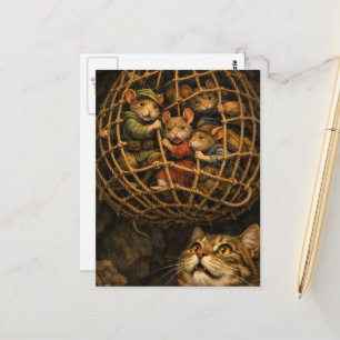 Muis in een val in een grot met een kat briefkaart