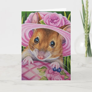 Muis in hoedje vond roze ei aquarel kunst kaart