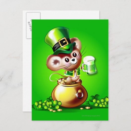 Muis in pot met goudhoudende pint van groen bier briefkaart (Voorkant / Achterkant)