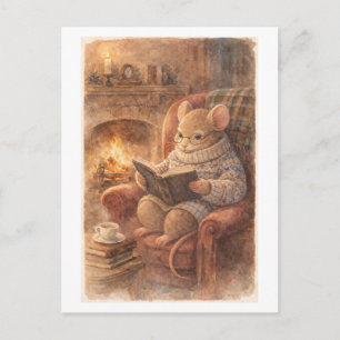 Muis in vintage stijl lezend bij de haard briefkaart