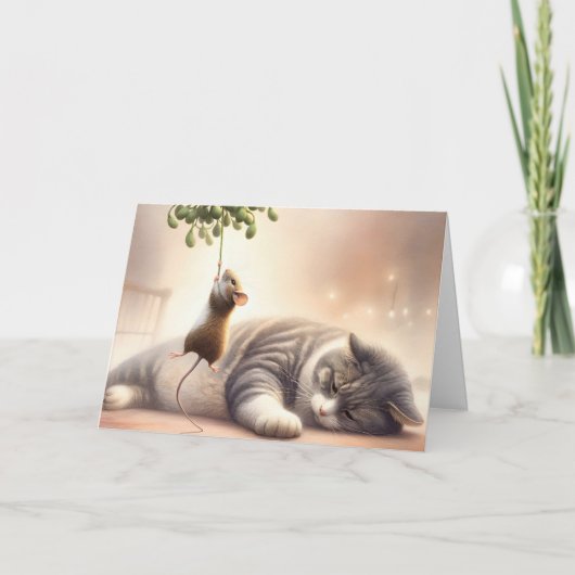 Muis Kat Onder de Mistletoe Feestdagen Kaart (Voorkant)