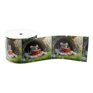 Muis leest een rood boek op een deken grosgrain lint